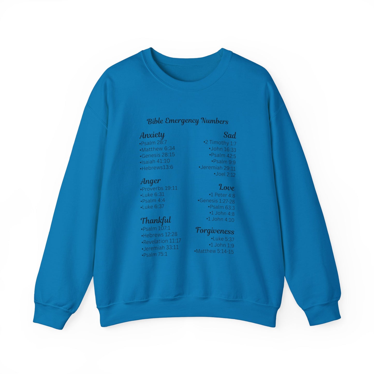 Faith-Inspired Crewneck Sweatshirt with Bible Emergency Numbers