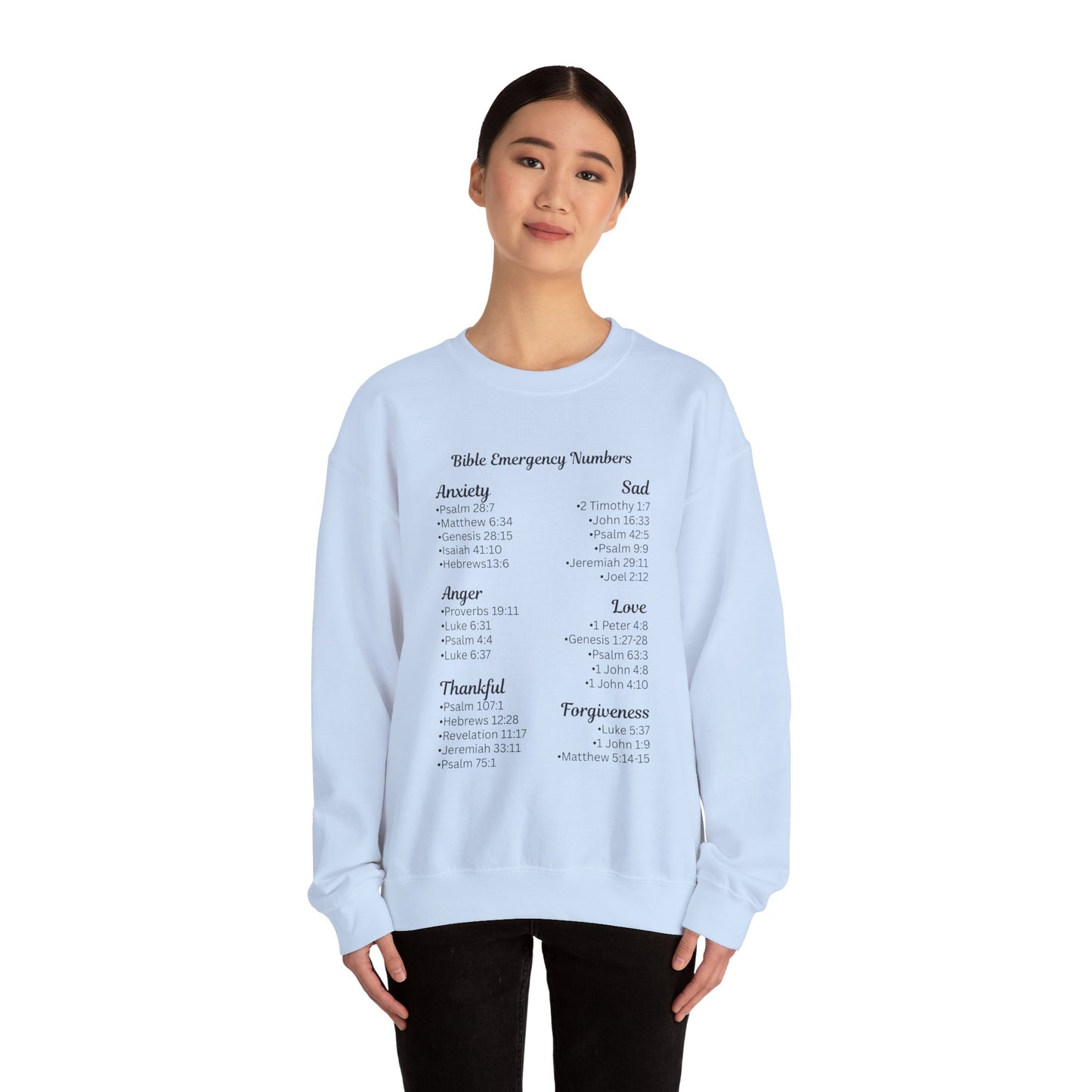 Faith-Inspired Crewneck Sweatshirt with Bible Emergency Numbers